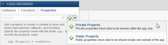 Properties tab in the Code Browser. The tab contains a search bar to find properties, and a plus button to add a new property.