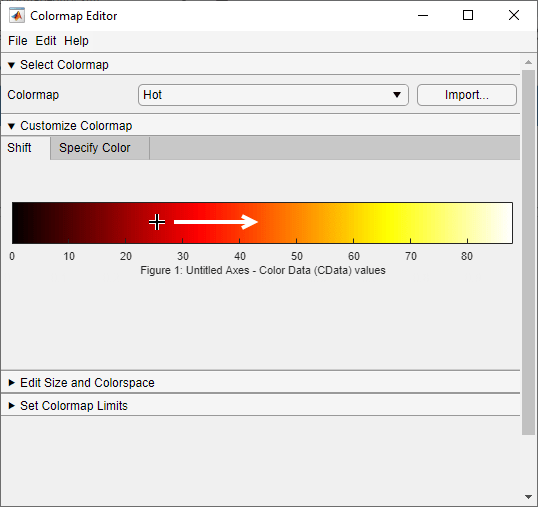 Colormap Editor with a cursor over the displayed colormap. An arrow points to the right.
