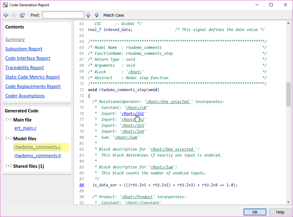 Code generation report window containing model.c file is open. Mouse cursor
                    is placed on a comment that contains a hyperlink to the corresponding block in
                    the model.