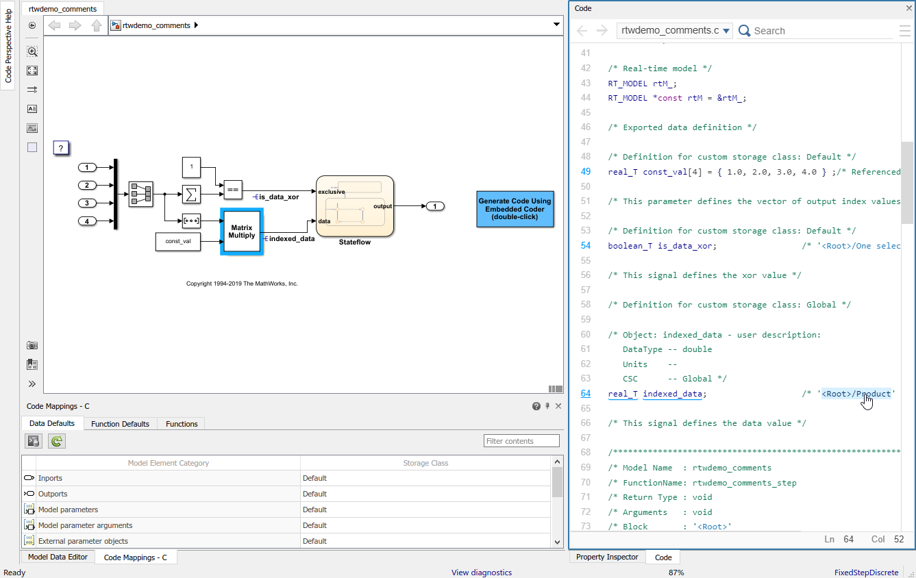 Code view is open next to the model. Cursor is placed over a comment and
                      corresponding block is highlighted.