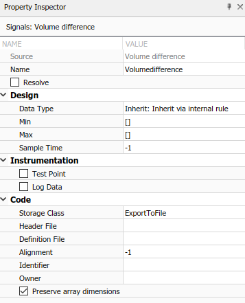 Property Inspector window attached to the Model Data Editor. Shows the
                            selected Preserve array dimensions property check box