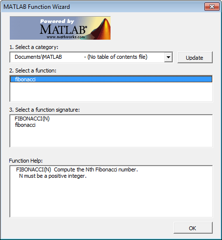 MATLAB Function Wizard contains the selected Documents\MATLAB category,
                            fibonacci function, fibonacci function signatures, and the fibonacci
                            function help.