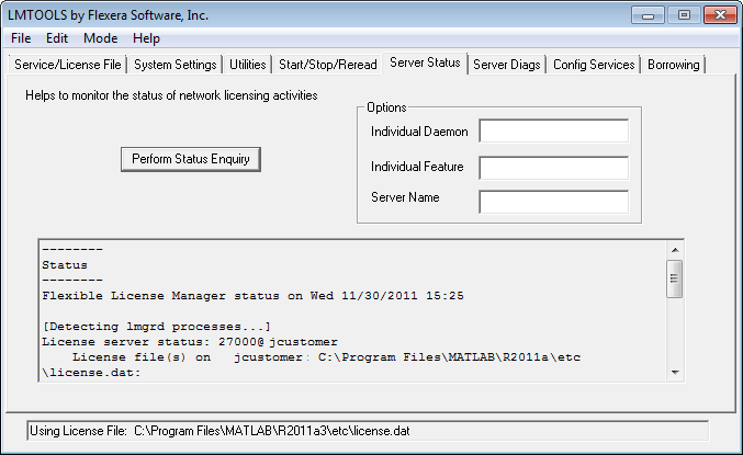 LMTOOLS dialog box, displaying the status of the license
								manager