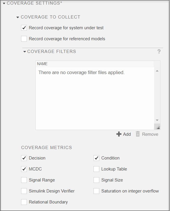 Coverage settings with record coverage for system under test
                                    selected