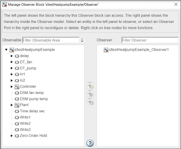 Manage observer block dialog box showing
                                                  model block hierarchy