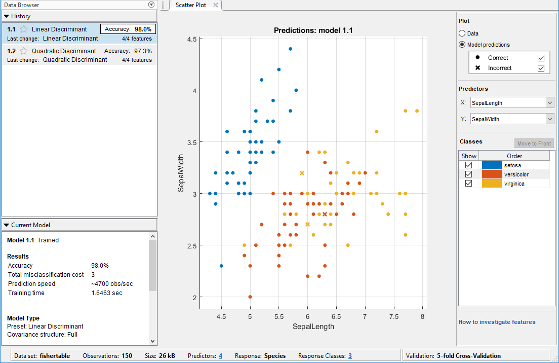 Classification learner interface. The history panel is on the left.
                            Accuracy for each model is listed in the history panel.