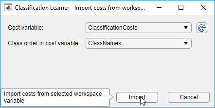 Import costs from workspace dialog box