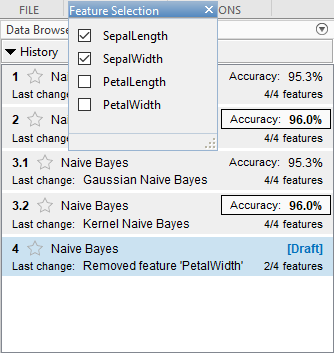 Feature Selection menu with SepalLength and SepalWidth selected, and
                            PetalLength and PetalWidth cleared