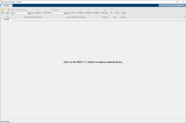 Antenna Designer app new canvas showing the various options on the toolbar.