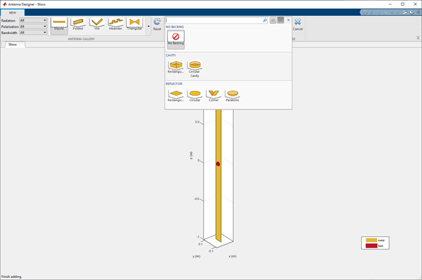 Antenna designer app canvas showing the different backing structures in a drop down list. This canvas also shows the dipole as the default antenna. There is no backing structure.