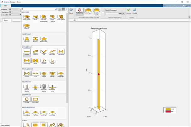 Antenna designer app canvas showing the different types of antenna in a drop down list. This canvas also shows the dipole as the default antenna.