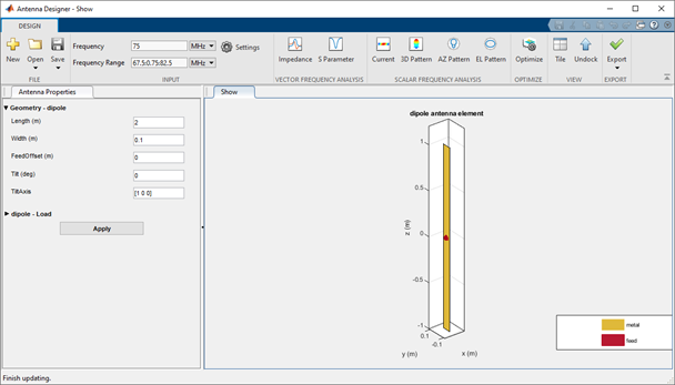 Antenna designer canvas showing the antenna properties pane on the left side of the canvas, the antenna on the right side of the canvas, and the analysis tools in the toolbar at the top of the canvas.