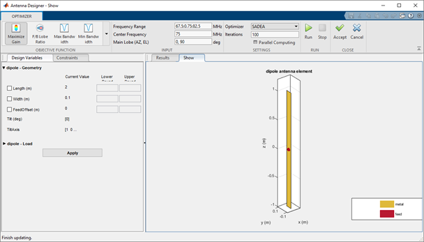 Antenna designer canvas showing the optimizer options and toolbar. The left hand side of the pane has two tabs design variables and constraints. The right hand side of the canvas consists of the results tab and the show tab.