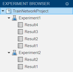 Experiment Browser showing two experiments. Experiment1 has four results. Experiment2 has two results.