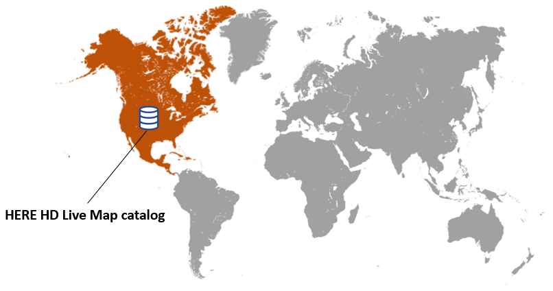 A map of the world with only North America highlighted. A HERE HD Live Map catalog is overlaid on top of the North America region.