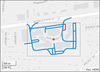 The road network for the MathWorks Apple Hill campus with one of the roads highlighted in red.