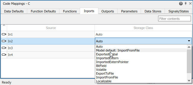 Code Mappings editor with Inports tab selected, signals In2, In3, and In4 selected, and storage class being set to Model default: ImportFromFile.