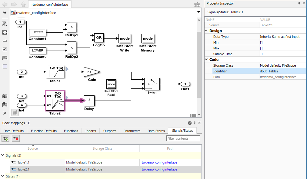 Code Mappings editor with Signals/States tab selected, Signals tree node expanded, and storage class for signals Table1:1 and Table2:1 set to Model default: FileScope. Property Inspector shows Identifer property for signal Table2:1 set to dout_Table2.