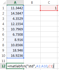 Worksheet cells A1 through A10 contain the input data, cell C1 contains the weight, and cell A12 contains the entered text