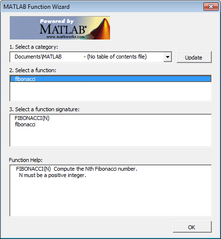 MATLAB Function Wizard contains the selected Documents\MATLAB category, fibonacci function, fibonacci function signatures, and the fibonacci function help.