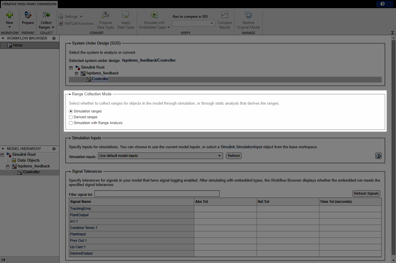 View of Setup pane in the Fixed-Point Tool. The Range Collection Mode section is highlighted.