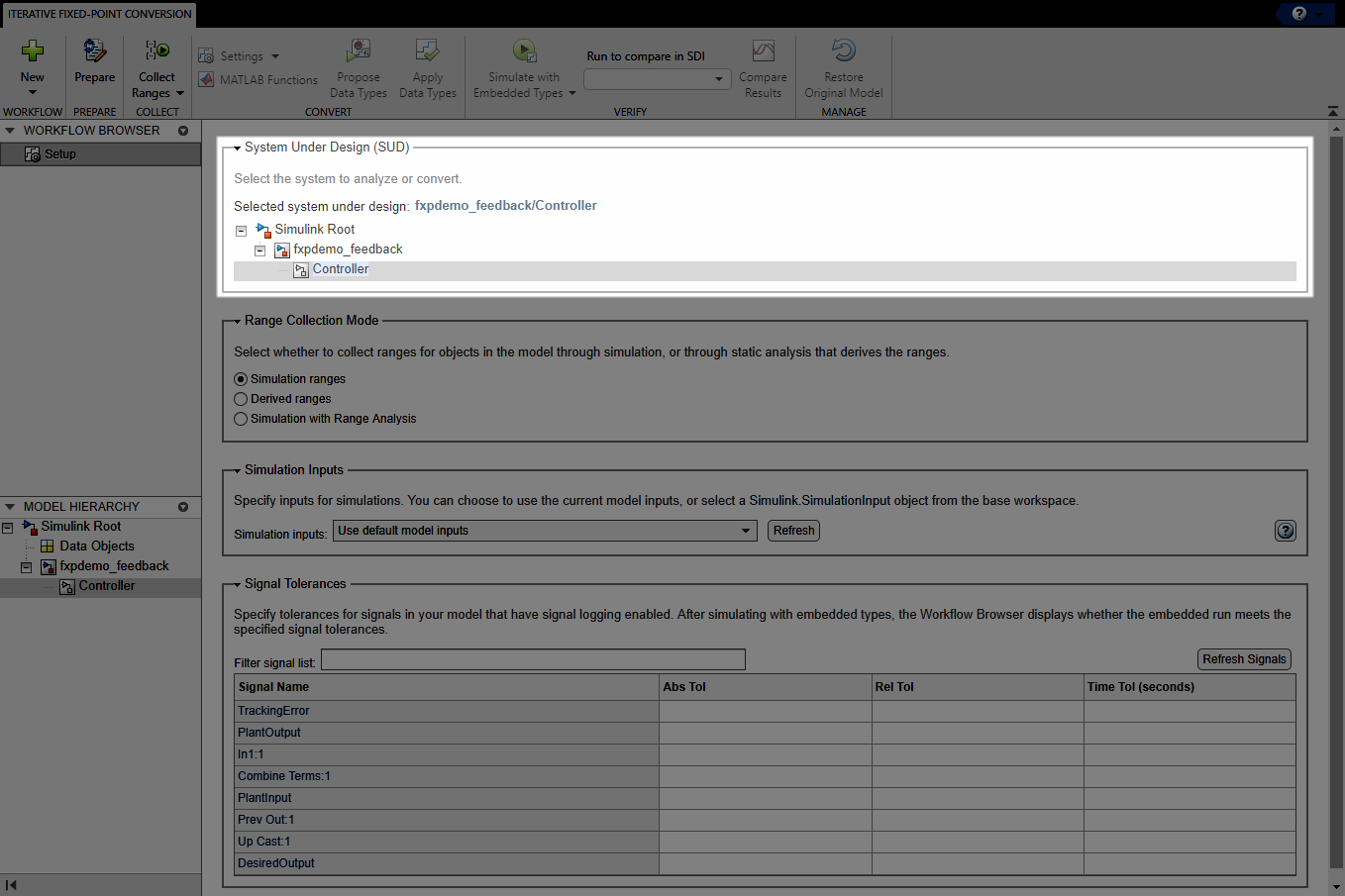 View of Setup pane in the Fixed-Point Tool. The System Under Design (SUD) section is highlighted.