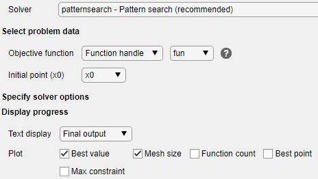 Solver, objective function, initial point, and plots specified