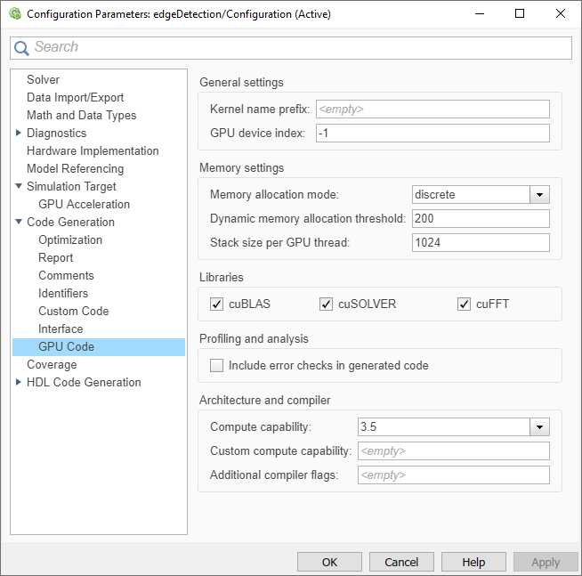 GPU Code pane on the configuration parameters dialog of the model.