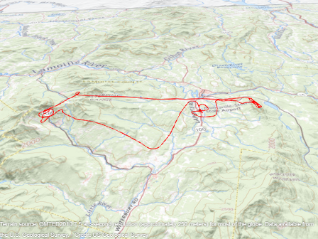 A 3-D line plotted over a region with topographic imagery.