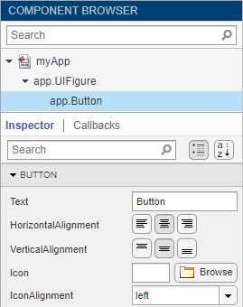Component Browser showing the property inspector for a button component.