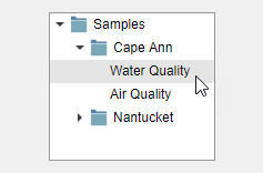 A tree with one node called "Samples" that is expanded to show its two nested nodes "Cape Ann" and "Nantucket". Each of these three nodes shows a blue file icon to the left of their label text. The "Cape Ann" node is also expand to show two nested nodes called "Water Quality" and "Air Quality".