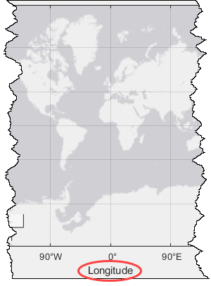 Longitude label below a map. The label is circled.