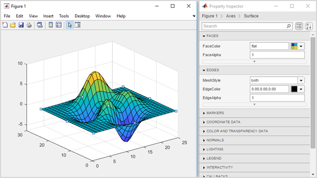 Side-by-side windows. A surface plot is on the left and the Property Inspector is on the right.