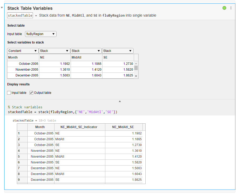 Stack Table Variables task in Live Editor