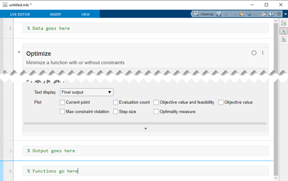 Live Script with section for data on top, then Optimize Live Editor task, then section for output, then section for functions.