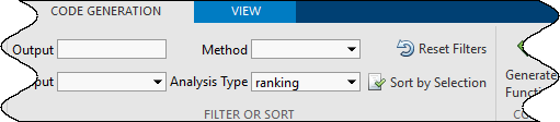 Code Generation tab in Diagnostic Feature Designer with Analysis Type filter set to the ranking option