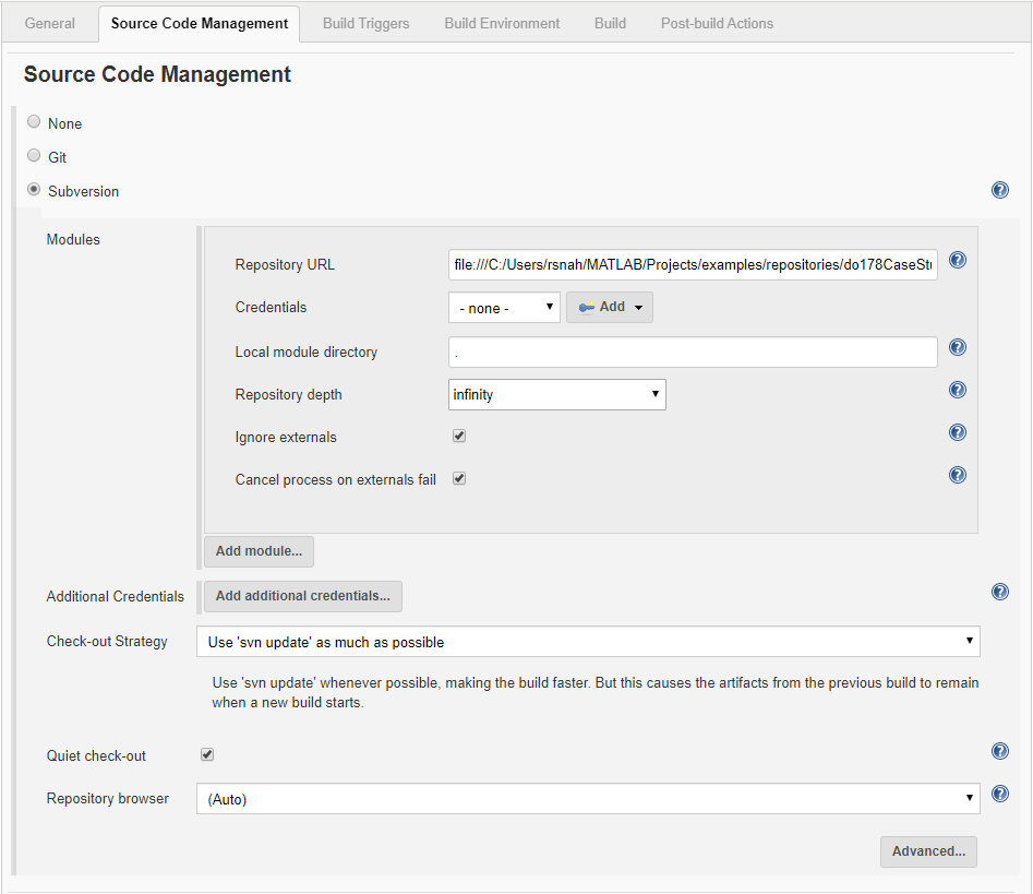 Screen capture of the Jenkins source code management tab.