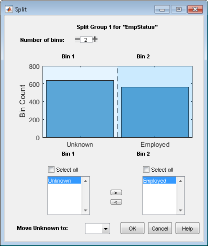 Use the Split dialog to specify splitting for a selected bin