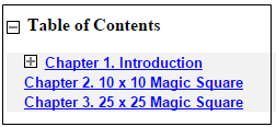 Table of contents that lists three chapters: "Introduction", "10 by 10 Magic Square", and "25 by 25 magic square"