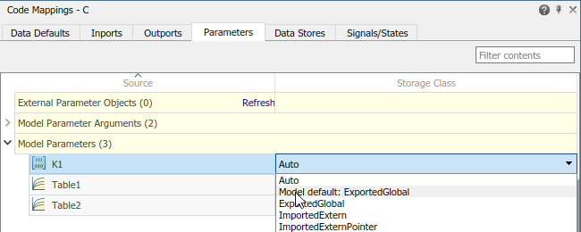 Code Mappings editor with Parameters tab selected, parameters K1, Table1, and Table2 selected, and storage class being set to Model default: ExportedGlobal.
