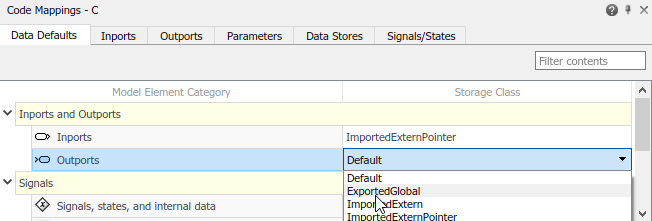 Code Mappings editor with Data Defaults tab selected, Outports and Outports tree node expanded, and storage class for Outports set to ExportedGlobal.