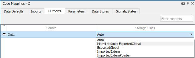 Code Mappings editor with Outports tab selected, outport Out1 selected, and storage class being set to Model default: ExportedGlobal.