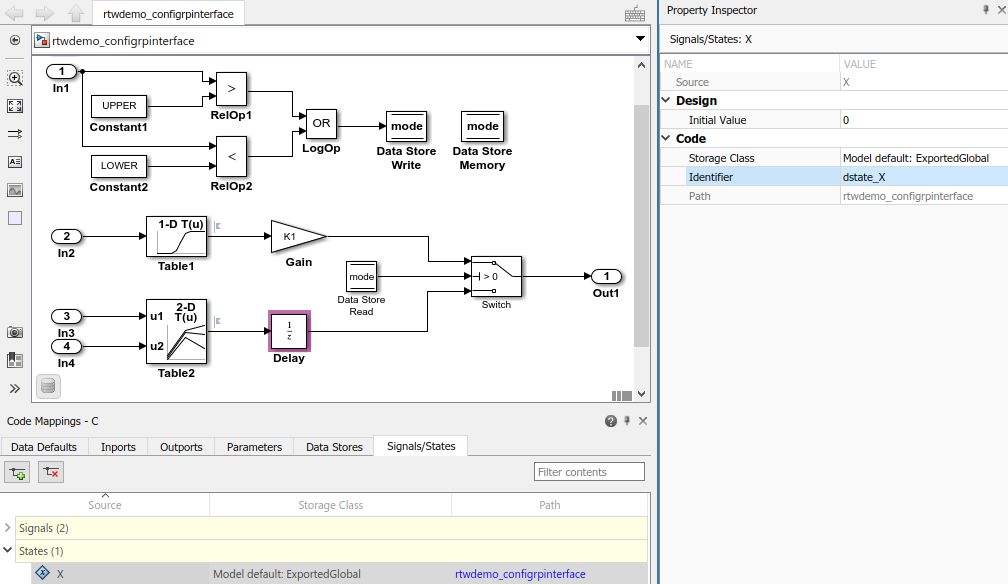 Code Mappings editor with Signals/States tab selected, States tree node expanded, and storage class for state X set to Model default: ExportedGlobal. Property Inspector shows Identifier property for state X set to dstate_X.