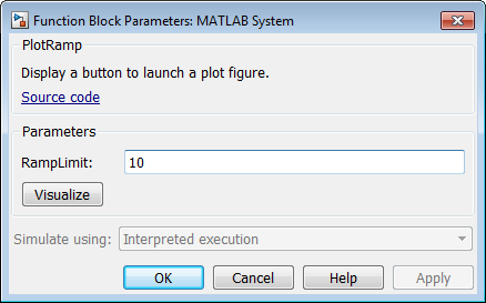 MATLAB System dialog box showing the Simulate using drop down set to Interpreted execution and greyed out so users cannot change the option.
