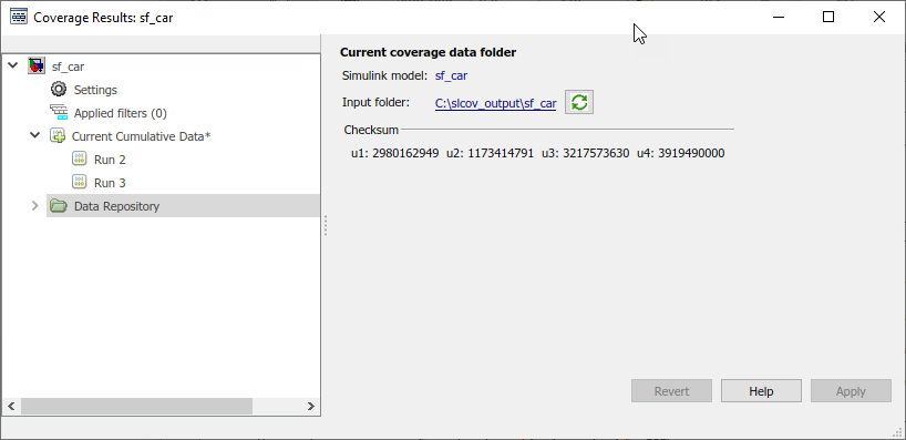 Default view of the Results Explorer with "Data Repository" selected. On the right, the Simulink model and Input folder are displayed, as well as a Checksum for the current data.