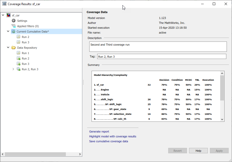 Default view of the Results Explorer with "Current Cumulative Data" selected. The overview of the current run is on the right, including the model version, author, execution start time and date, coverage data file name, short description, and coverage summary.