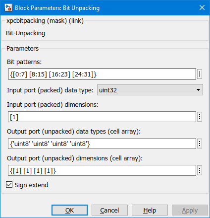 Image of Bit Unpacking block parameters dialog box