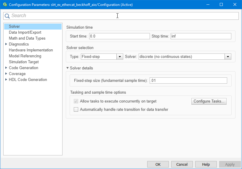 Image of Solver pane of Configuration Parameters dialog box