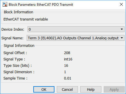 Image of EtherCAT PDO Transmit block parameters dialog box