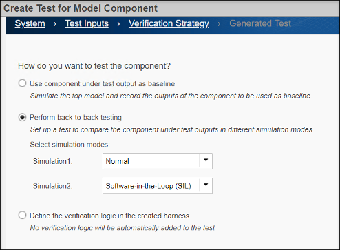 Wizard section showing options for how to test the component or model